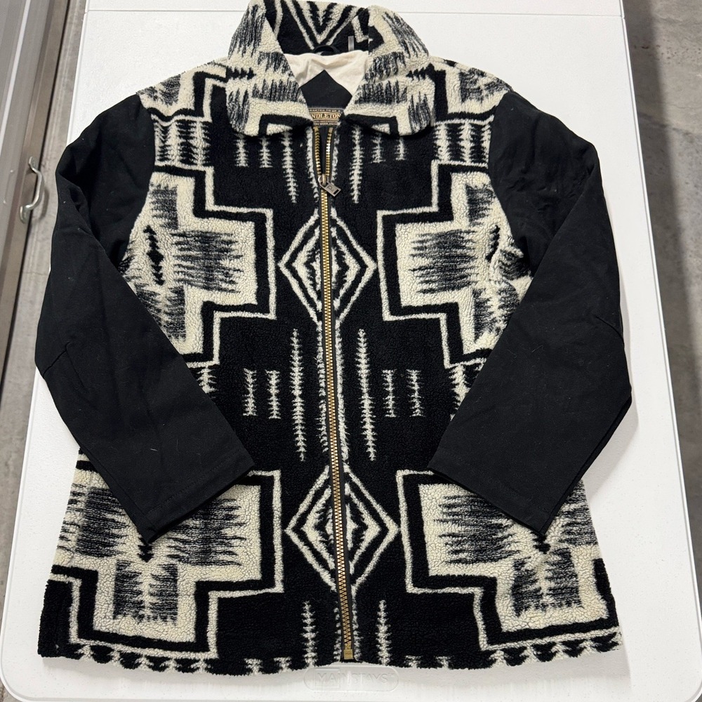 Pendleton Jacket Mens Large Black White Excellent Fleece Southwestern Zip Up